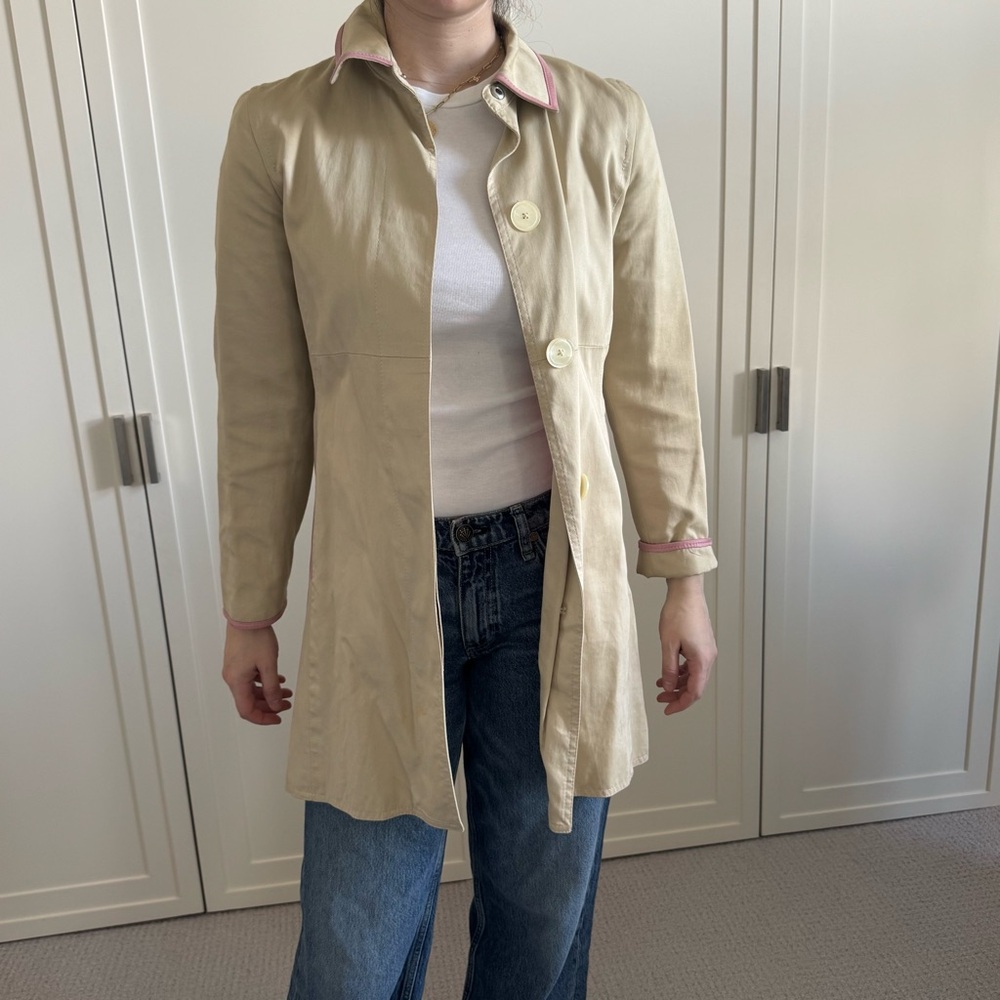 Vintage 90s Coach Beige Trench Raincoat – Barbie Pink Leather Trim, Size 2